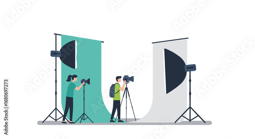 Professional photography setup with lighting equipment and backdrops