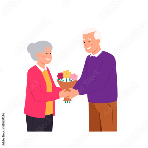 Vector illustration of an elderly couple exchanging flowers, symbolizing love, romance, care, and happiness in old age. Perfect for Valentine’s Day, anniversaries, and family relationship concepts.
