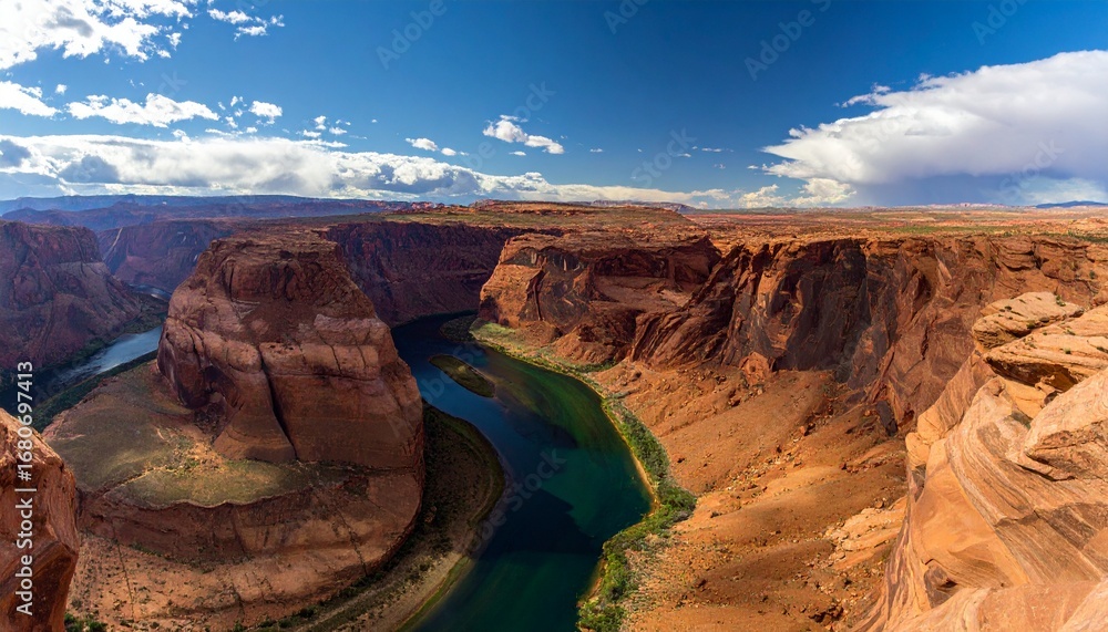 Fototapeta premium A breathtaking panoramic view of a horseshoe bend carved by a river through sandstone cliffs.