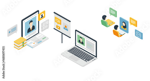 Isometric online learning and virtual communication concept with laptops and avatars