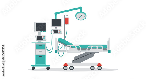 Modern hospital room with medical equipment and bed in clean minimalist style