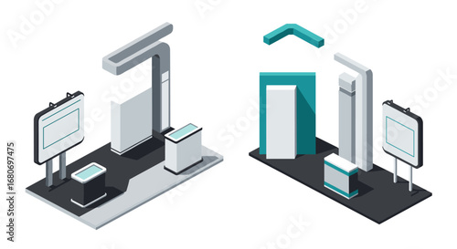 Isometric trade show booths with modern design elements and digital displays