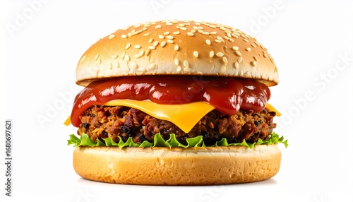 A delicious vegetarian burger with melted cheese, fresh lettuce, and a generous dollop of ketchup, served on a sesame seed bun against a clean white background.