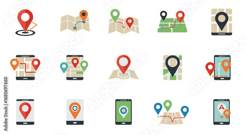 Colorful map and location icons set for navigation and mobile applications
