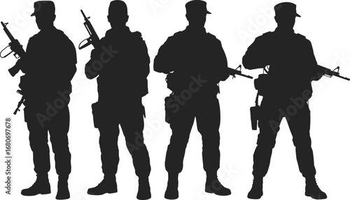 Black and white silhouette of armed soldiers standing with rifles, military team illustration, army troops vector on white background