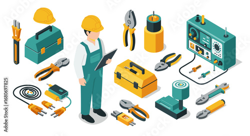 Isometric electrician tools and technician in uniform with equipment and toolboxes