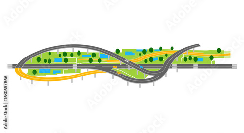 Colorful flat transportation map with interchange roads and greenery