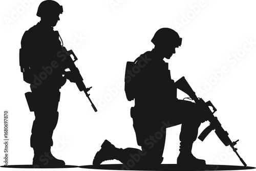Black and white silhouette of armed soldiers with rifles, military team illustration, army troops vector on white background
