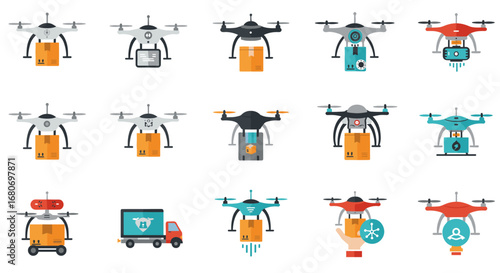 Variety of delivery drones with packages and technology icons in flat design