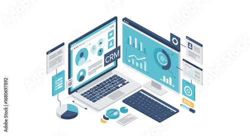 Modern isometric crm dashboard with data analytics and charts