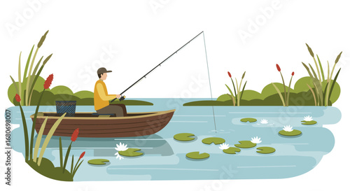 Fishing adventure in serene nature lake with lush greenery