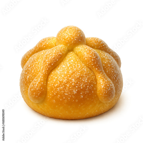 Traditional Pan de Muerto bread with sugar topping, Mexican Day of the Dead pastry, isolated on clean white background