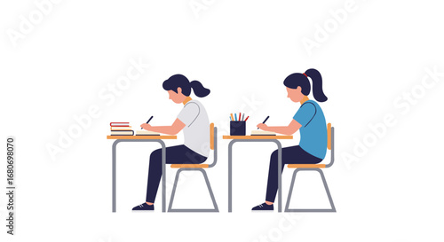 Students focused on studying at desks with books and school supplies