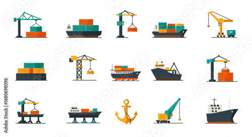 Modern flat design cargo ships and cranes with shipping containers in port