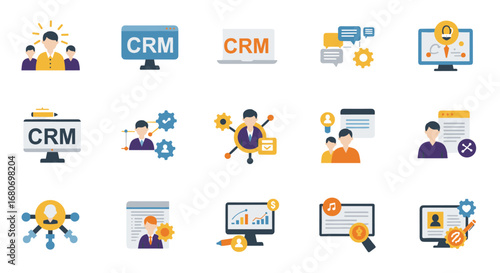Comprehensive crm systems icons for business management and customer interaction