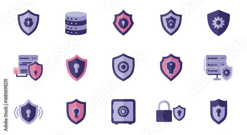 Secure technology icons: flat shield and lock designs for network safety