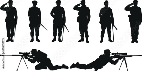 Black and white silhouette of armed soldiers with rifles, military team illustration, army troops vector on white background