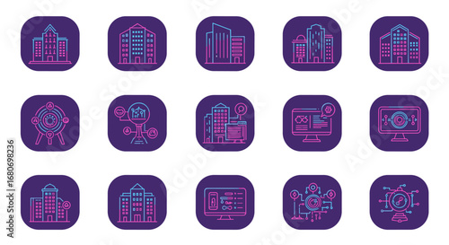 Futuristic linear icons of smart building technology and digital architecture