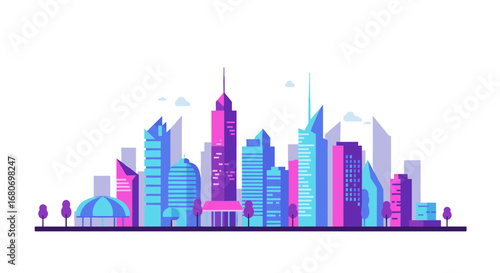 Futuristic urban skyline with modern geometric skyscrapers in gradient colors
