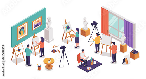 Isometric painting class scene with artists, easels, and bust sculptures