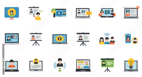 Online learning and video conference icons in colorful flat design