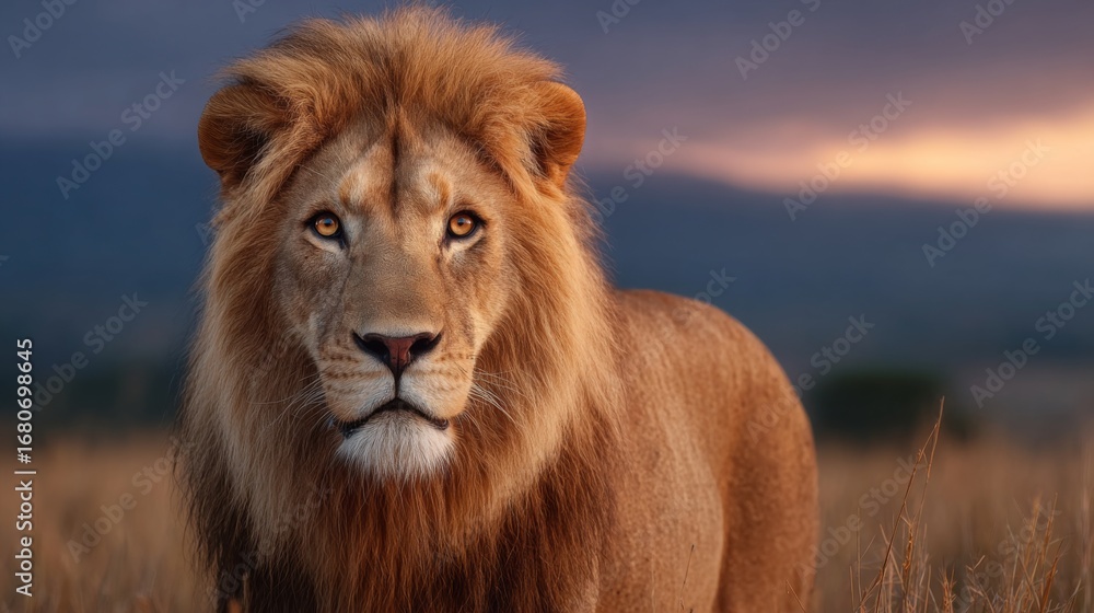 Obraz premium Majestic Lion's Gaze: A magnificent male lion, with its thick golden mane and intense eyes, gazes directly towards the viewer amidst the soft, blurred backdrop of an African savanna at dawn.