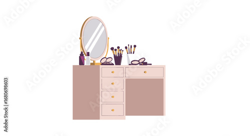 Elegant vanity table with mirror and makeup essentials in soft pastel tones