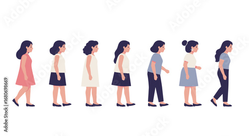 Stages of a woman's life depicted in flat style cartoon characters