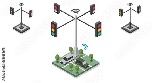 Smart traffic lights on isometric city street with wireless connectivity for vehicles