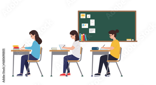 Classroom scene with students studying at desks in flat design