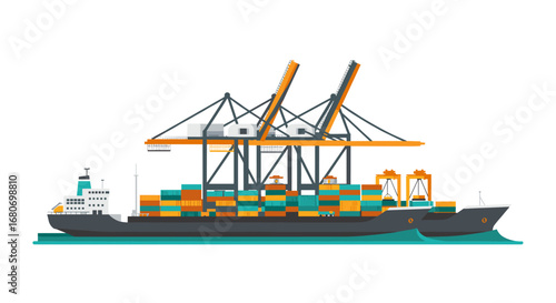 Cargo ships at sea with industrial cranes and containers in flat style