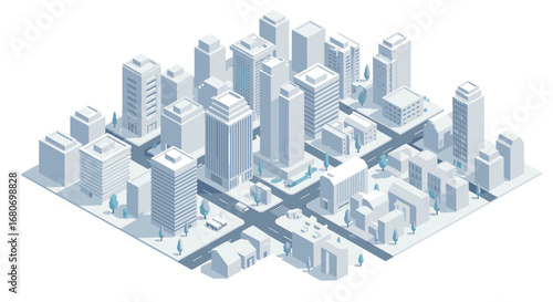 Modern isometric urban cityscape with high-rise buildings and streets