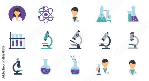 Science and laboratory icon set featuring flat style microscope and scientist designs