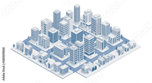Modern isometric cityscape with high-rise buildings and urban streets