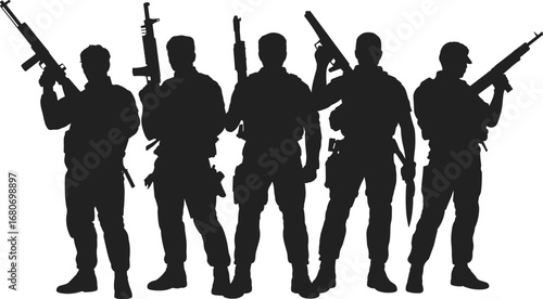 Black and white silhouette of armed soldiers with rifles, military team illustration, army troops vector on white background