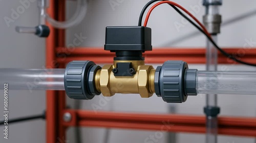 Concept of engineering education, fluid mechanics, industrial automation, innovation, and technology training equipment, Close-up of solenoid valve and transparent pipeline in engineering laboratory