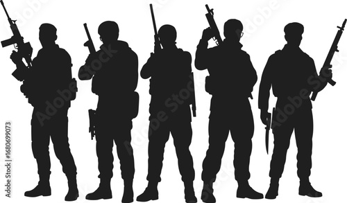 Black and white silhouette of armed soldiers with rifles, military team illustration, army troops vector on white background