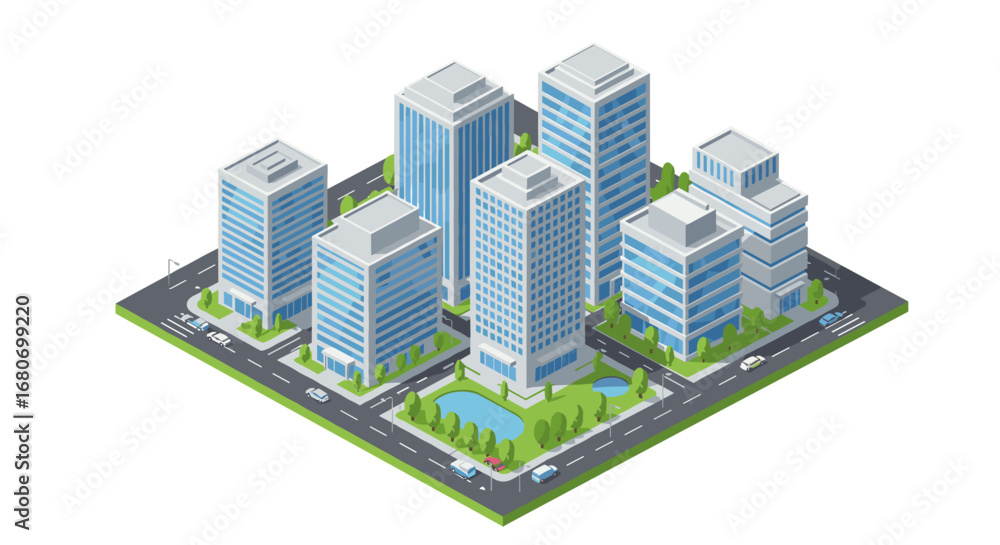 Obraz premium Isometric city block with modern skyscrapers and greenery urban scene