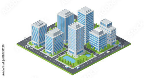 Isometric city block with modern skyscrapers and greenery urban scene