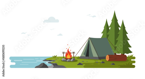 Camping by the lake with pine trees and campfire