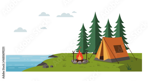 Camping by the lake with tent and campfire in pine forest landscape