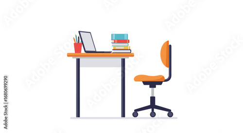Modern office workspace with desk, laptop, books, and rolling chair in flat design
