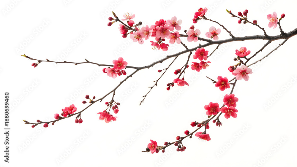 Fototapeta premium Delicate branches of cherry Colorful Varieties Flowers against a stark white background.