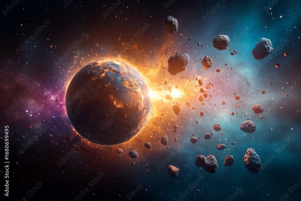 Naklejka premium Planet surrounded by meteorites and debris in space and colored haze. Generative AI