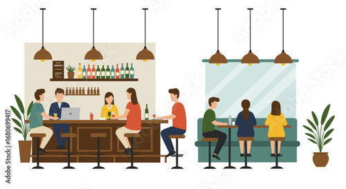 Cozy cafe scene with people socializing and working in modern interior