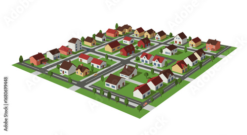 Isometric suburban neighborhood with colorful houses and streets