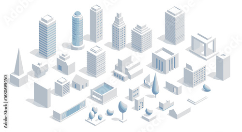Modern isometric cityscape with diverse white buildings and minimalist design