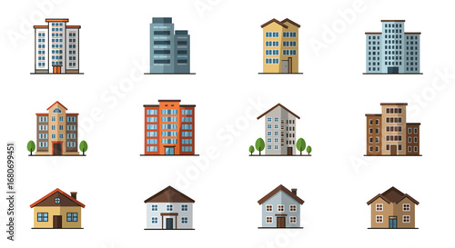 Diverse set of residential and commercial buildings in flat design
