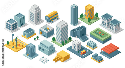 Diverse isometric cityscape with modern buildings and urban elements