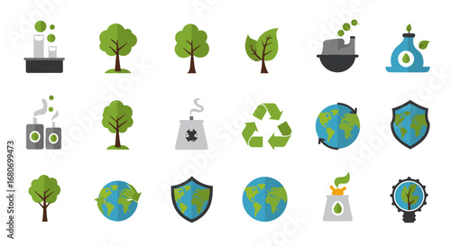 Eco-friendly icons set: trees, earth, recycling, and green energy in flat design